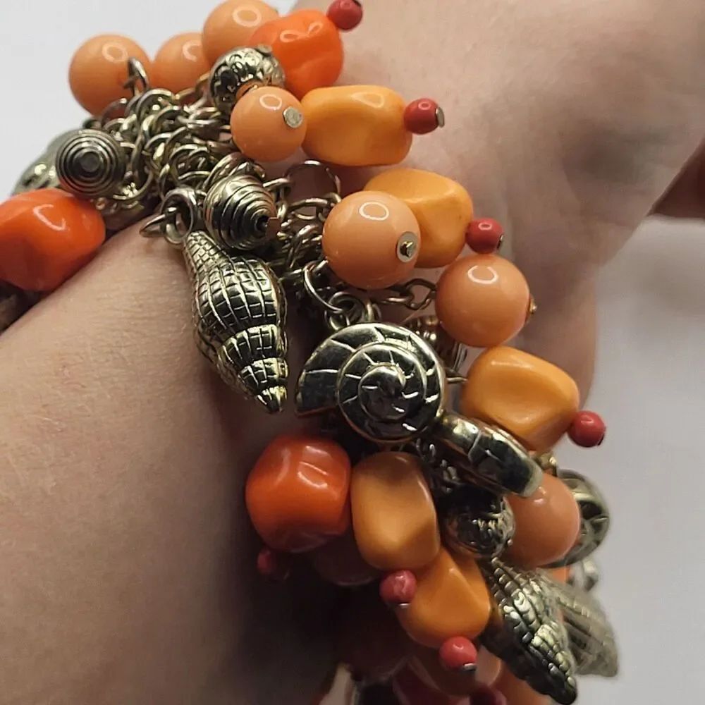 Vintage 60s Chunky Bracelet Orange Lucite Beads Silver-Tone Shell Charms 7in